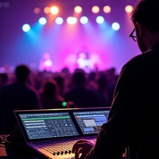 Técnico operando mesa de som em evento ao vivo